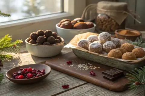 Juliga chokladbollar och snöbollar, perfekta för glutenfritt julbak. Bär och choklad på träbordet.