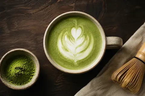 En kopp islatte mocka med vacker lattekonst, bredvid en skål med matchapulver och en bambuvisp.