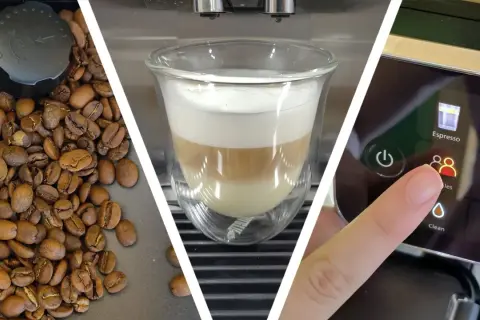 Kaffebönor, en perfekt lagerdelad dubbel macchiato i ett glas och en finger som väljer "Profiler" på en kaffemaskins display.