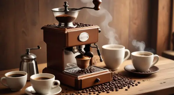En vacker espressomaskin i trä maler bönor för en perfekt espresso utan maskin. Kaffebönor sprider sig över bordet.