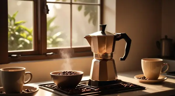 En moka kaffebryggare står redo att moka kaffe. Ånga stiger från en skål med bönor, bredvid en kopp kaffe.