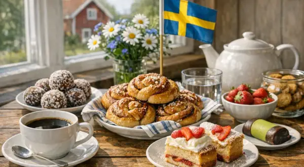 En härlig fika med svensk kaffe, kanelbullar, jordgubbstårta och chokladbollar. En svensk flagga vajar i bakgrunden.