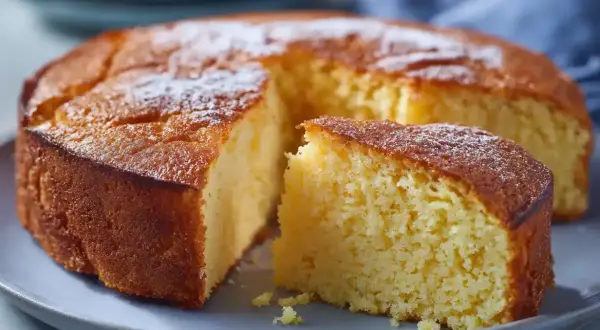 En saftig glutenfri sockerkaka, pudrad med florsocker, ligger på en grå tallrik. En bit är uppskuren.