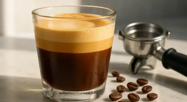 En perfekt lagerdelad cafe cortado i ett glas, med kaffebönor och en portafilter i bakgrunden.
