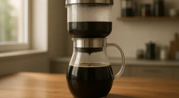 En kaffebryggare i glas där kaffe droppar ner i kannan. Enkel metod att koka kaffe utan filter för en ren smak.