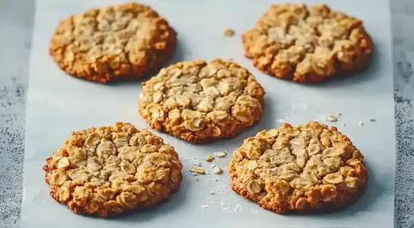 Fem gyllene, mjuka havrekakor ligger utspridda på bakplåtspapper. De ser perfekta ut att doppa i mjölk.