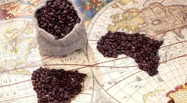 Kaffebönor i en säck och formade som ett hjärta och Afrika på en gammal världskarta. Vem uppfann kaffe? Kanske en upptäcktsresande!