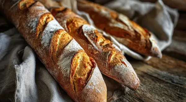 Tre nybakade, glutenfria baguetter med krispig skorpa ligger på en linneduk. Ett perfekt glutenfria baguetter recept för hembakning.