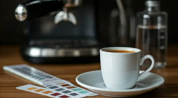 Espressokopp med en teststicka för hårdhetsgrad vatten bredvid. En espressomaskin och en vattenflaska i bakgrunden.