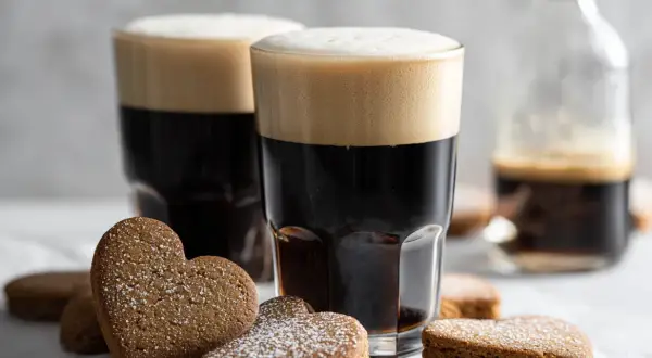 Två mörka kaffedrinkar med Cointreau och hjärtformade pepparkakor pudrade med florsocker.