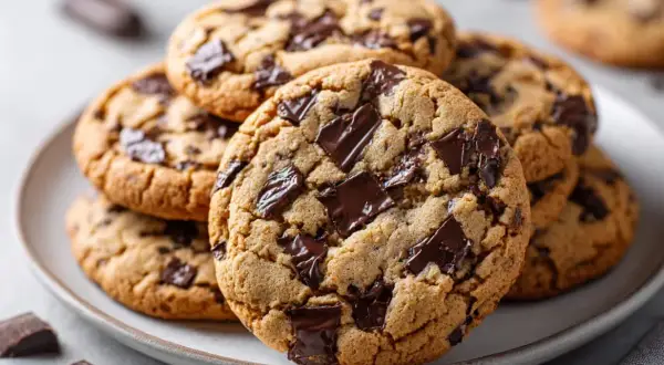 Amerikanska chocolate chip cookies recept. En hög med nybakade, gyllene kakor med generöst med mörk choklad. Perfekt för fikat!