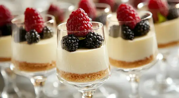 Flera glas med cheesecake i glas, toppade med hallon och björnbär. En läcker dessert för alla tillfällen.