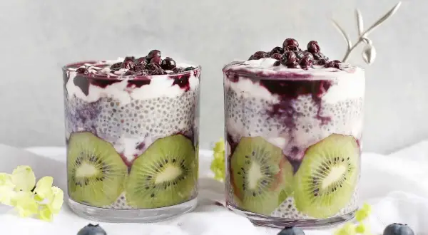 Två glas med chiapudding, kiwi och blåbär. Ett perfekt chiapudding recept för en hälsosam frukost eller mellanmål.