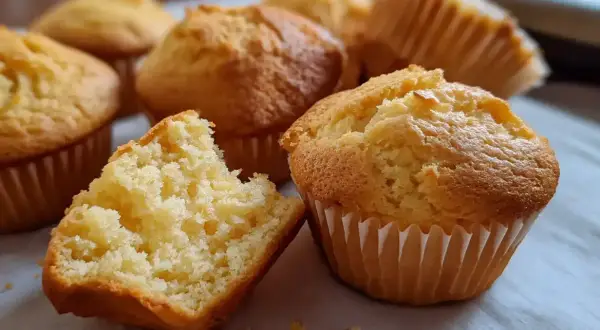 En fluffig glutenfri bakelse, perfekt för fikat. En är uppdelad och visar det luftiga inkråmet.
