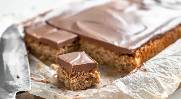 En bit av en kaka med chokladöverdrag, som ser ut att vara nougatrutor glutenfria, ligger på bakplåtspapper bredvid en kniv.