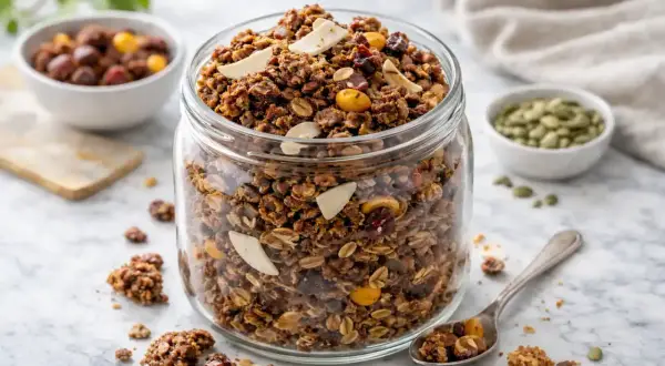 En burk fylld med hemgjord glutenfri granola, perfekt för en hälsosam frukost. Receptet är enkelt och resultatet är krispigt och gott.