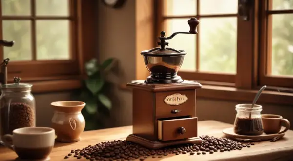 En gammal kaffekvarn i trä står på ett bord, omgiven av kaffebönor. Perfekt för att mala grovmalet kaffe till morgonkoppen.