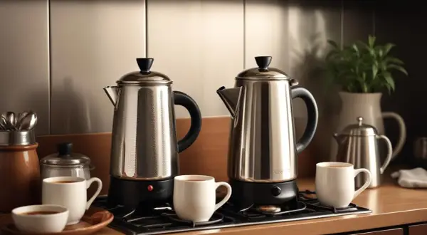 Två blanka perkulatorer står på spisen, redo att koka kaffe. Koppar med nybryggt kaffe väntar.