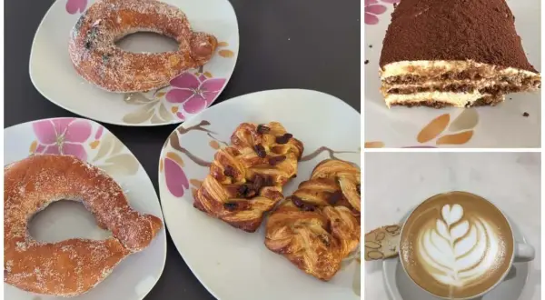En härlig frukost med munkar, wienerbröd och tiramisu. Perfekt för en paus med kaffe i Italien.