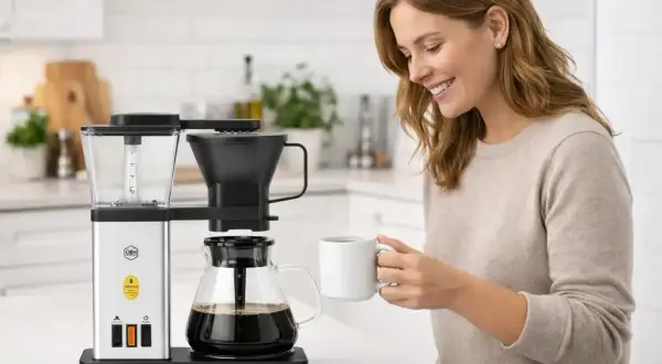 En kvinna njuter av nybryggt kaffe från en stilren kaffebryggare, perfekt för alla presskaffe sorter.