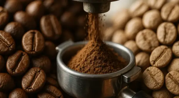 Färskt malet robusta kaffe fyller portafiltret, omgivet av hela bönor.