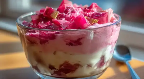 En glasburk med en krämig dessert med lager av rabarber och grädde, toppad med bitar av rabarber och en hint av rabarbersirap.