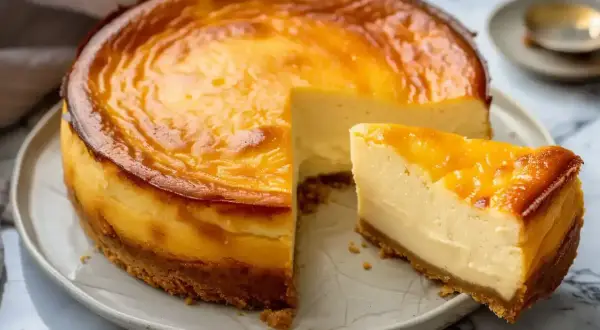En gyllene saffranscheesecake glutenfri med en bit uppskuren. Perfekt för fika.