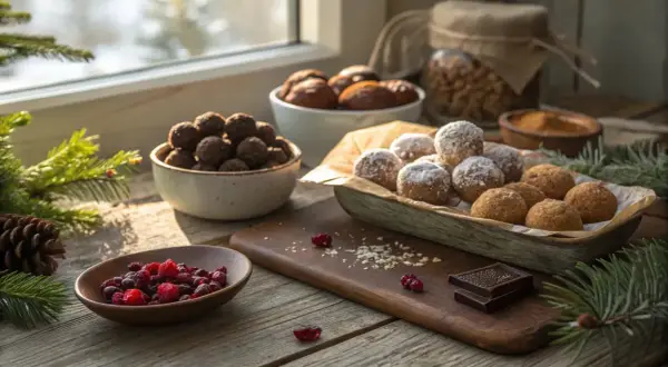 Juliga chokladbollar och snöbollar, perfekta för glutenfritt julbak. Bär och choklad på träbordet.