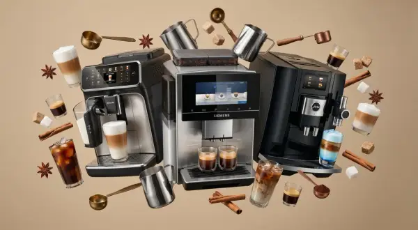 Tre helautomatiska espressomaskiner visar upp olika kaffedrycker, kaffebönor och tillbehör. Vanligt kaffe i espressomaskin är bara början på en härlig kaffeupplevelse.