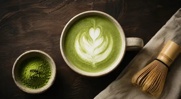 En kopp islatte mocka med vacker lattekonst, bredvid en skål med matchapulver och en bambuvisp.