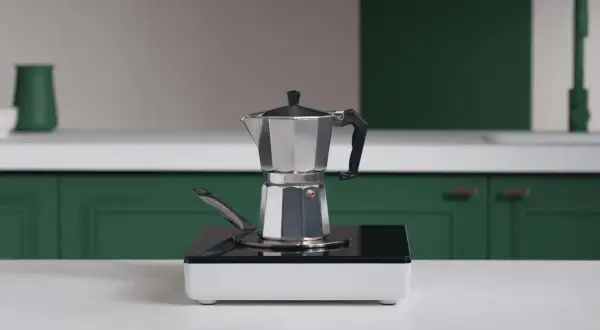En mokkakanne står på en induktionshäll, redo att koka kaffe på spis.
