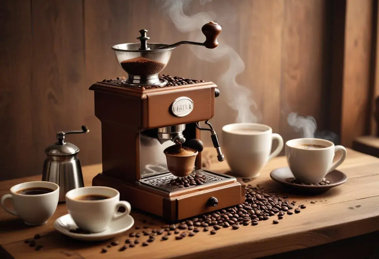En vacker espressomaskin i trä maler bönor för en perfekt espresso utan maskin. Kaffebönor sprider sig över bordet.