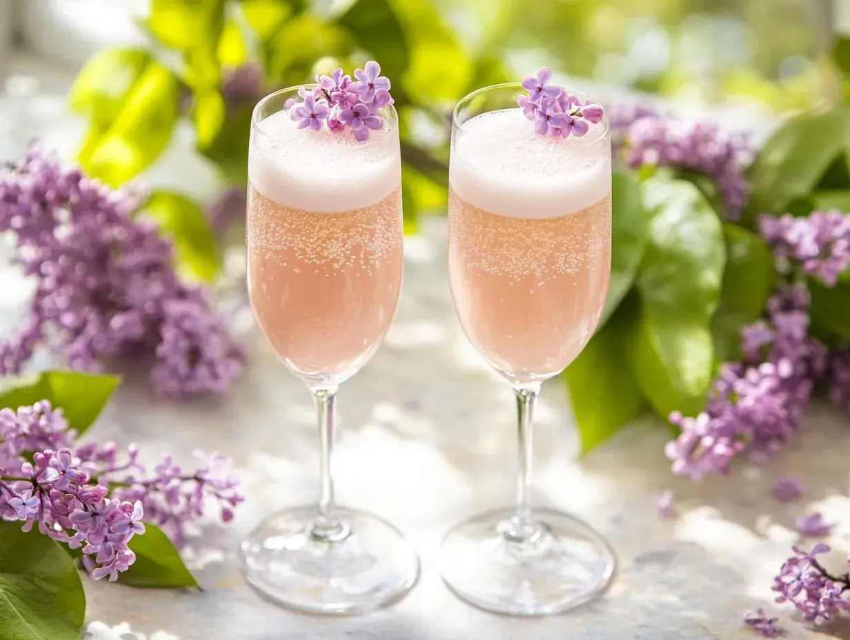 Två glas med rosa bubbel, dekorerade med syrenblommor. Perfekt för ett syrensirap recept en solig dag.