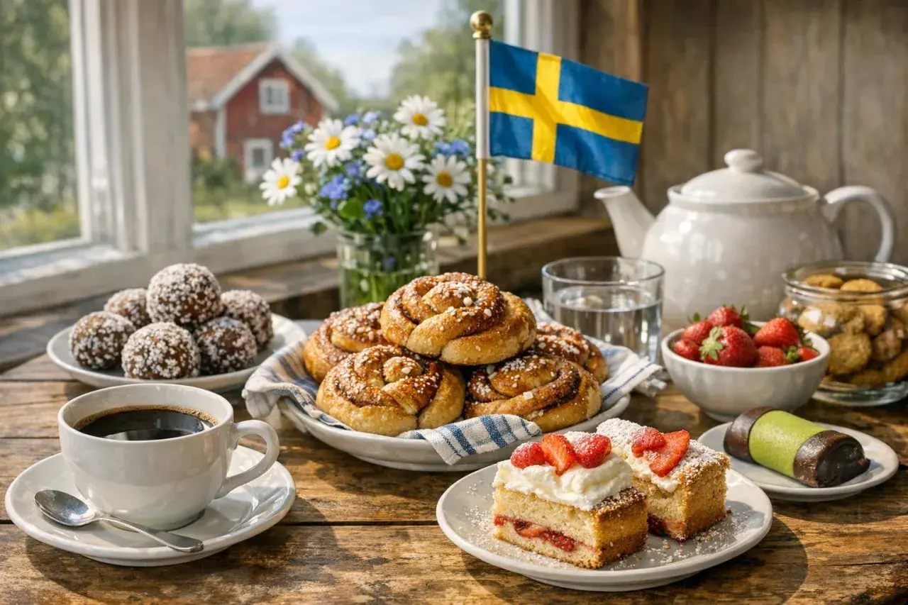 En härlig fika med svensk kaffe, kanelbullar, jordgubbstårta och chokladbollar. En svensk flagga vajar i bakgrunden.