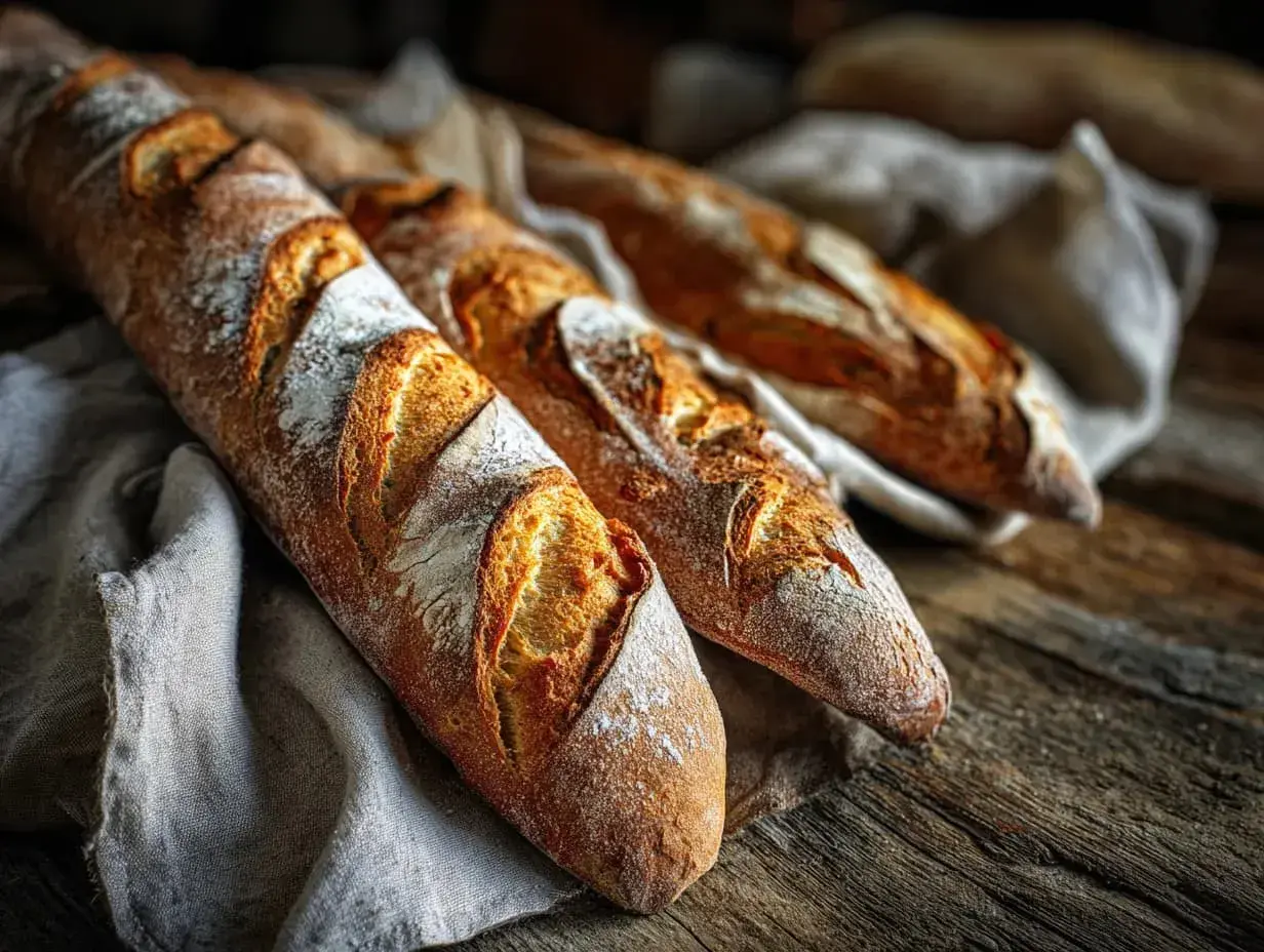 Tre nybakade, glutenfria baguetter med krispig skorpa ligger på en linneduk. Ett perfekt glutenfria baguetter recept för hembakning.