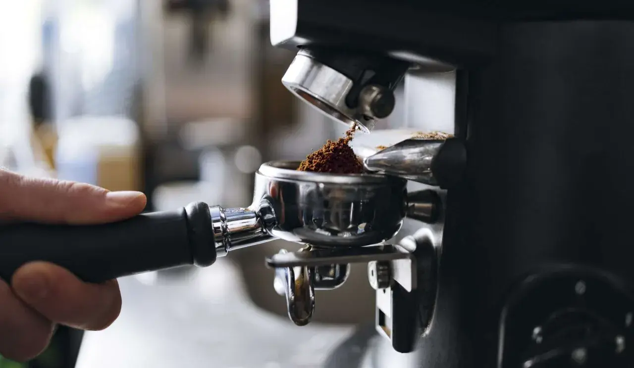 Malet kaffe fyller portafiltret, redo för att brygga en kopp av det dyraste kaffet djur kan producera.