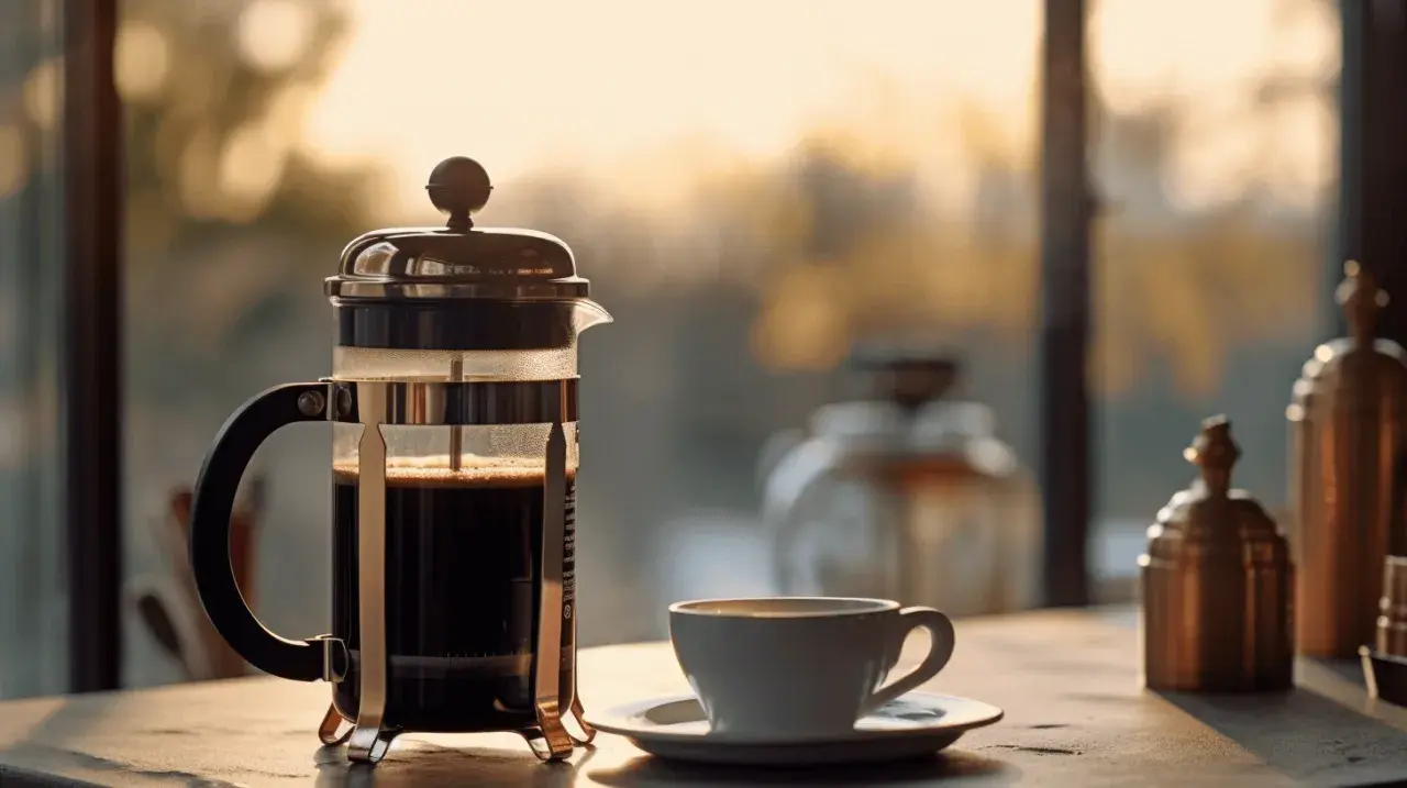 En fransk presskanna med mörkt kaffe bredvid en vit kopp. Morgonsolen lyser in genom fönstret.