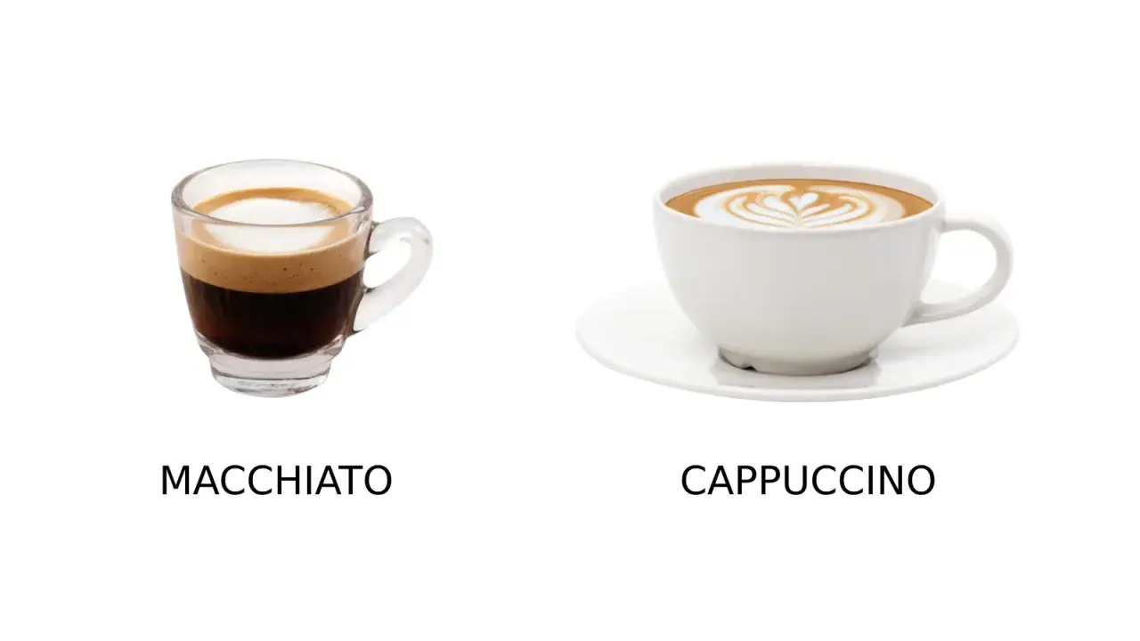 En liten macchiato bredvid en större cappuccino med lattekonst.