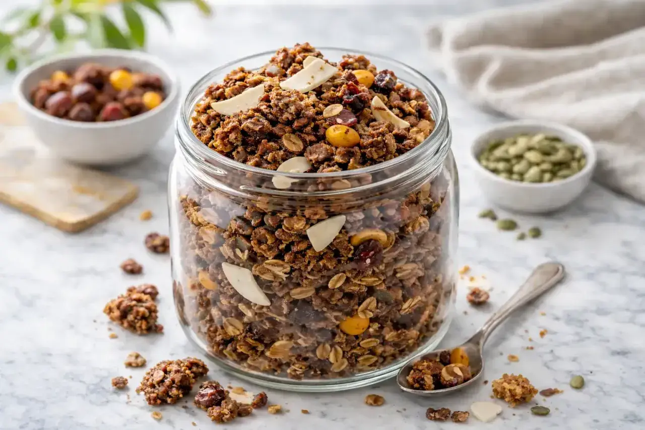 En burk fylld med hemgjord glutenfri granola, perfekt för en hälsosam frukost. Receptet är enkelt och resultatet är krispigt och gott.