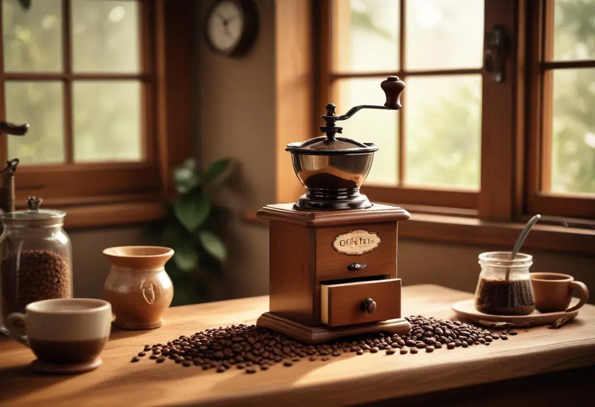 En gammal kaffekvarn i trä står på ett bord, omgiven av kaffebönor. Perfekt för att mala grovmalet kaffe till morgonkoppen.