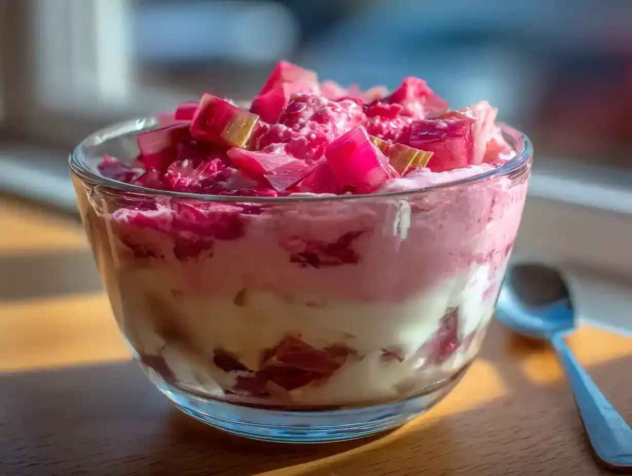 En glasburk med en krämig dessert med lager av rabarber och grädde, toppad med bitar av rabarber och en hint av rabarbersirap.