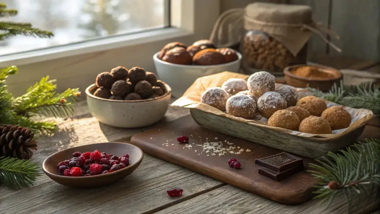 Juliga chokladbollar och snöbollar, perfekta för glutenfritt julbak. Bär och choklad på träbordet.