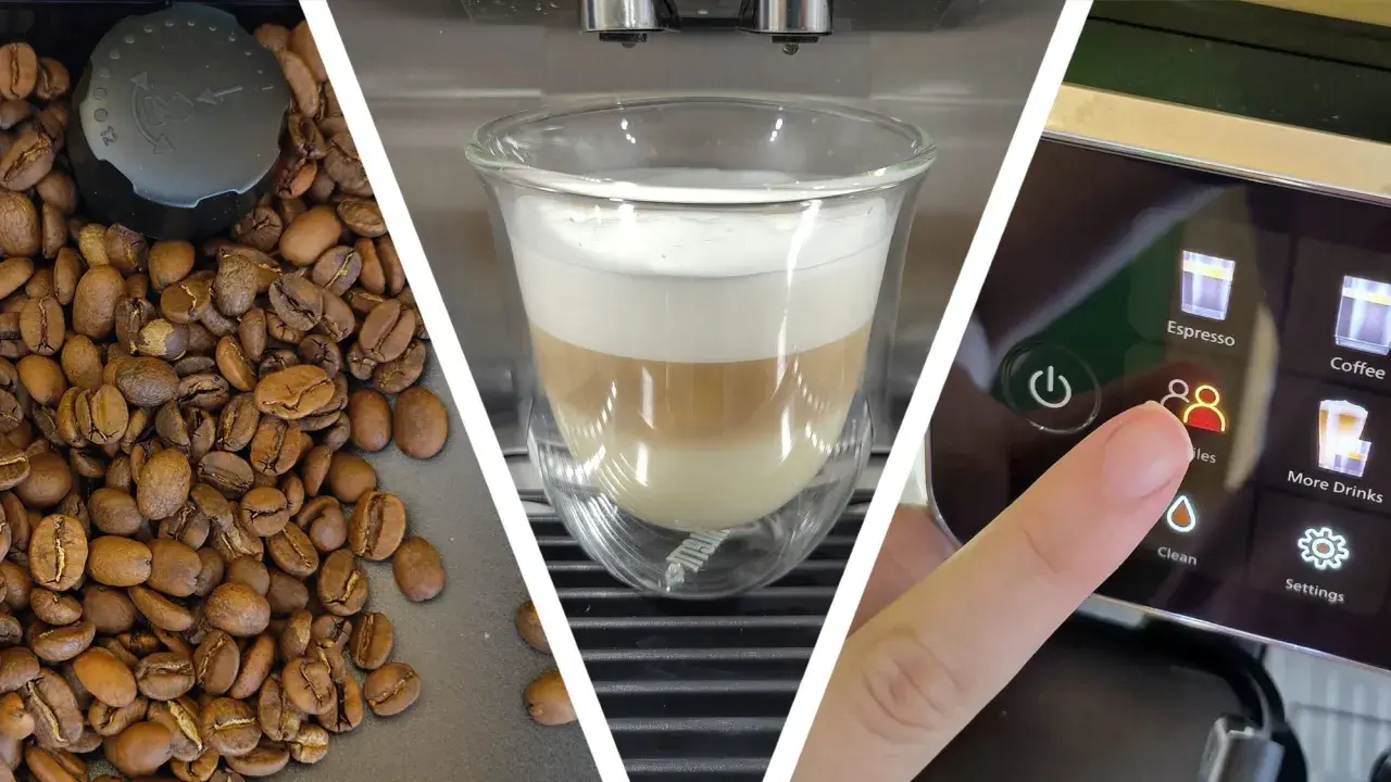 Kaffebönor, en perfekt lagerdelad dubbel macchiato i ett glas och en finger som väljer "Profiler" på en kaffemaskins display.