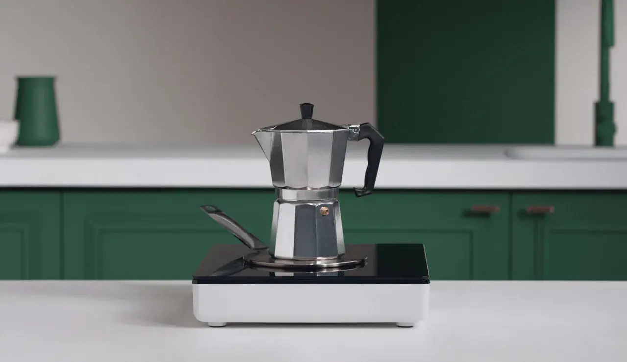 En mokkakanne står på en induktionshäll, redo att koka kaffe på spis.