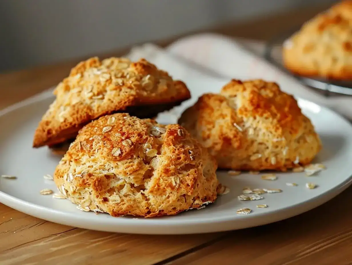 Gyllene, fluffiga scones med havregryn, perfekta för ett mysigt fika. Ett enkelt scones recept att prova!