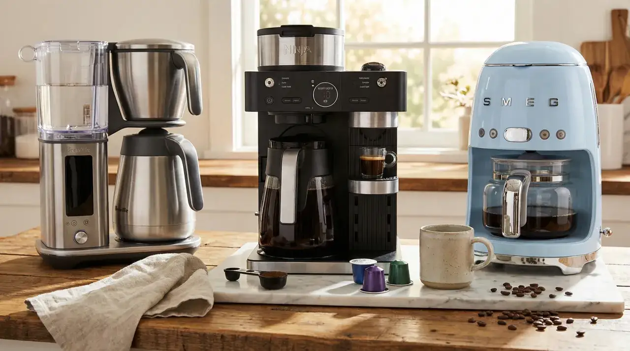 Tre olika kaffebryggare: en silverf&auml;rgad Breville, en svart Ninja med kaffekapslar och en ljusbl&aring; Smeg.