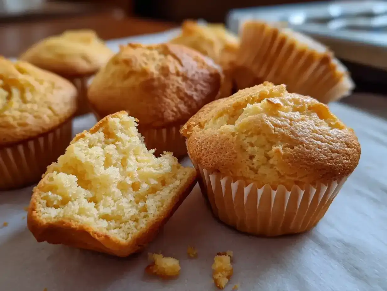En fluffig glutenfri bakelse, perfekt f&ouml;r fikat. En &auml;r uppdelad och visar det luftiga inkr&aring;met.