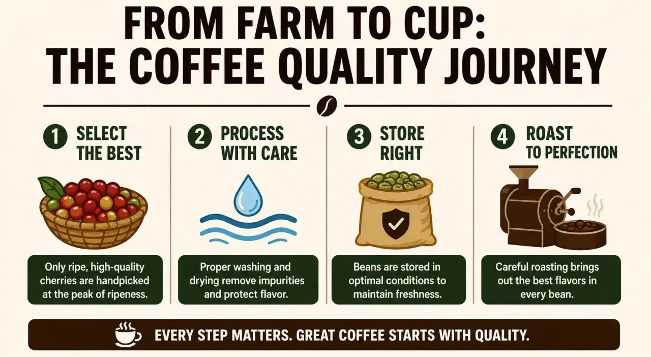 Bilden visar stegen i kaffe produktion: urval, bearbetning, lagring och rostning. Varje steg är viktigt för kvaliteten.