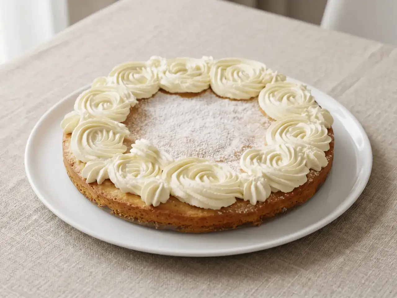 En glutenfri semmelkladdkaka med fluffig gr&auml;dde runt kanten, pudrad med florsocker.