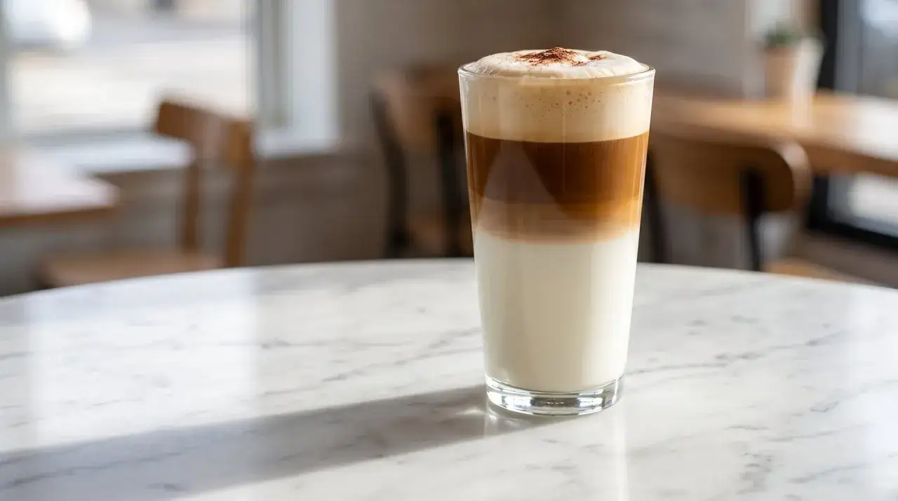 En h&ouml;g latte macchiato med lager av mj&ouml;lk, kaffe och skum, toppad med lite kanel, st&aring;r p&aring; ett marmorbord.